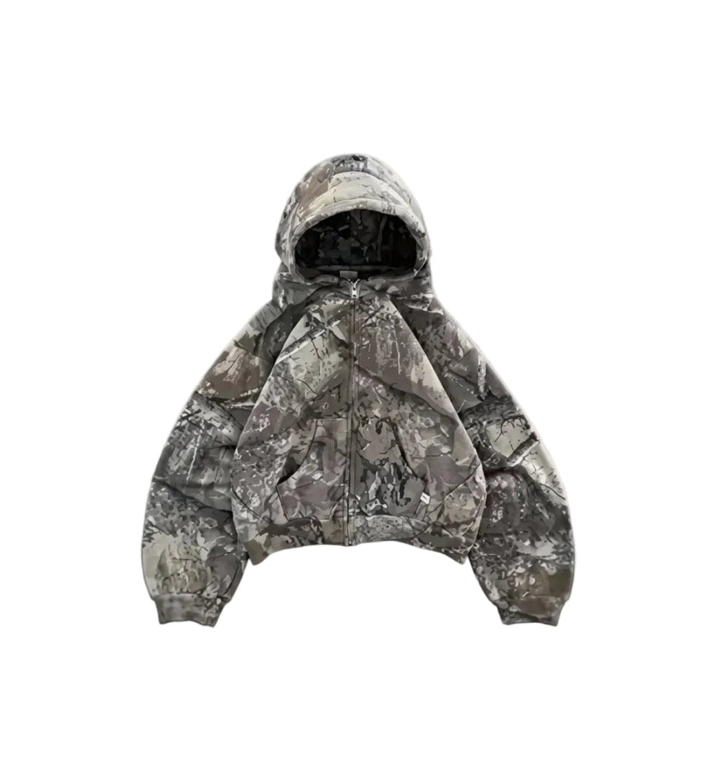 Sudadera con capucha retro de camuflaje con cierre, corte oversize unisex.